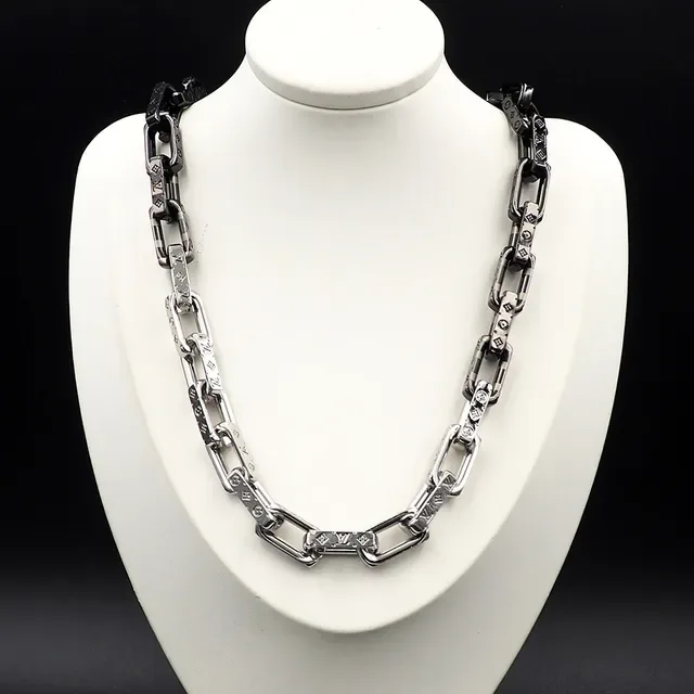 Louis Vuitton Silver Black Chunky Link Chain Engraved Monogram Necklace 6