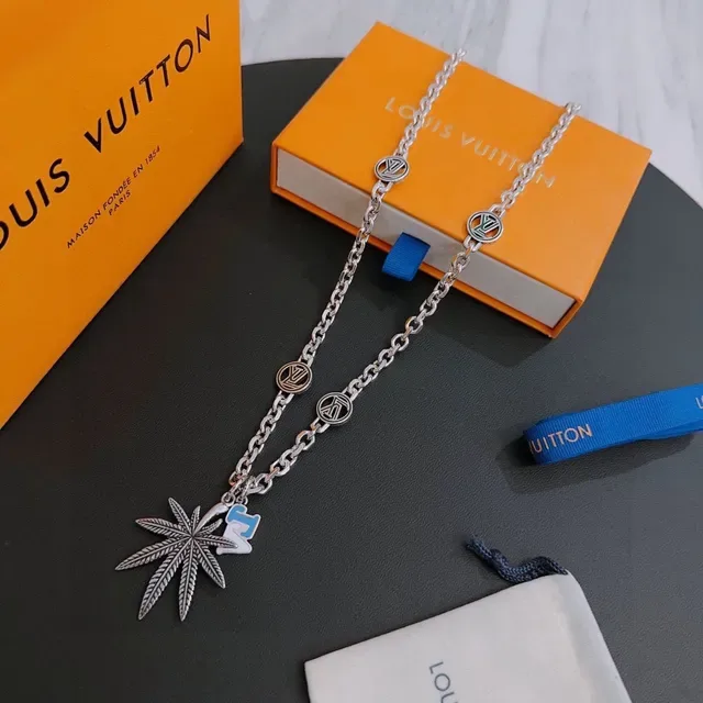 Louis Vuitton Silver Blue Curb Chain Monogram-Link Design Necklace 5