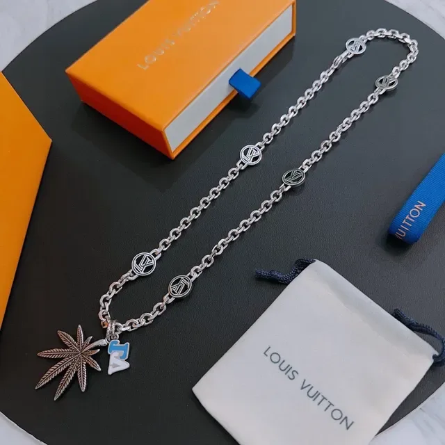 Louis Vuitton Silver Blue Curb Chain Monogram-Link Design Necklace 6