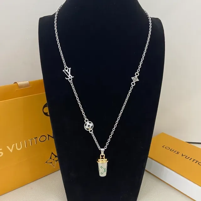 Louis Vuitton Silver Gold Cup-Shaped Pendant Enamel Monogram Necklace 2