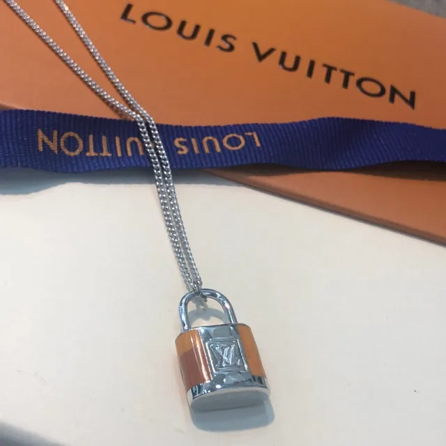 Louis Vuitton Silver Gold Padlock-Shaped Pendant Engraved LV Monogram Necklace 3