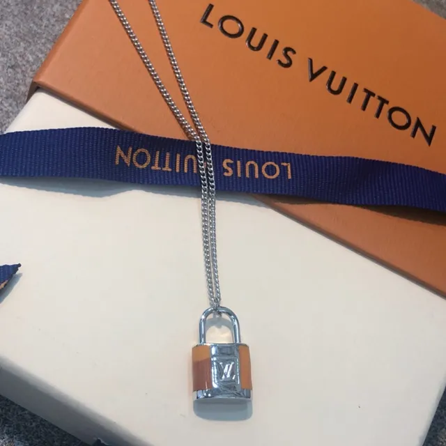 Louis Vuitton Silver Gold Padlock-Shaped Pendant Engraved LV Monogram Necklace 4