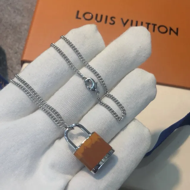Louis Vuitton Silver Gold Padlock-Shaped Pendant Engraved LV Monogram Necklace 6