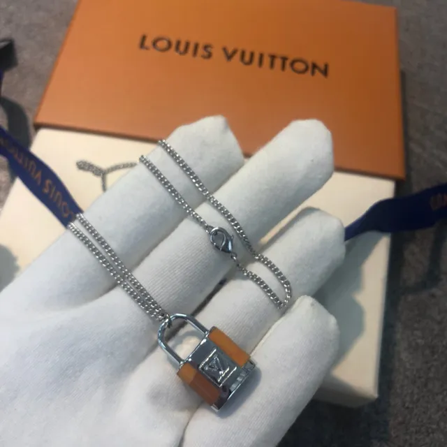 Louis Vuitton Silver Gold Padlock-Shaped Pendant Engraved LV Monogram Necklace 7