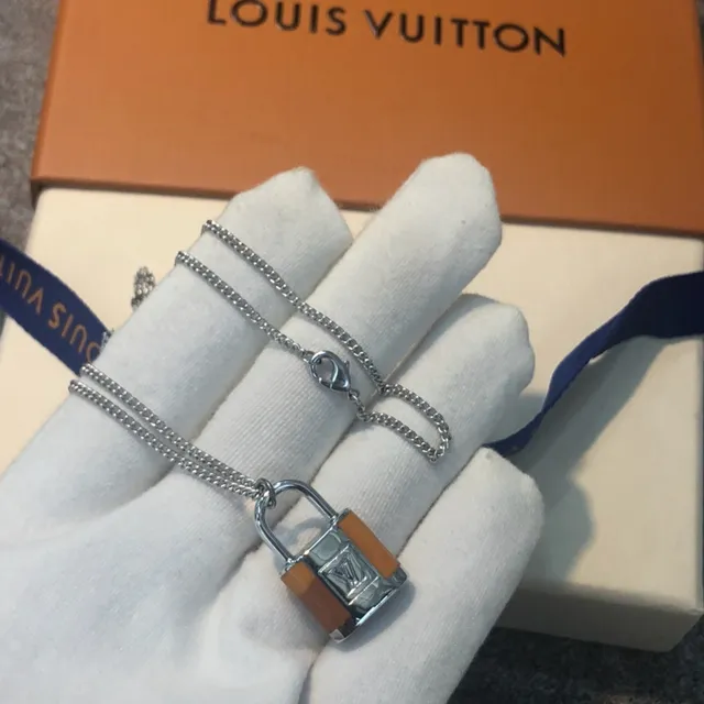 Louis Vuitton Silver Gold Padlock-Shaped Pendant Engraved LV Monogram Necklace 8