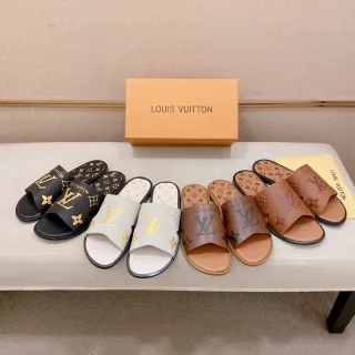 Louis Vuitton Slide Black Gold Monogrammed Strap Flat Rubber Sole Slippers