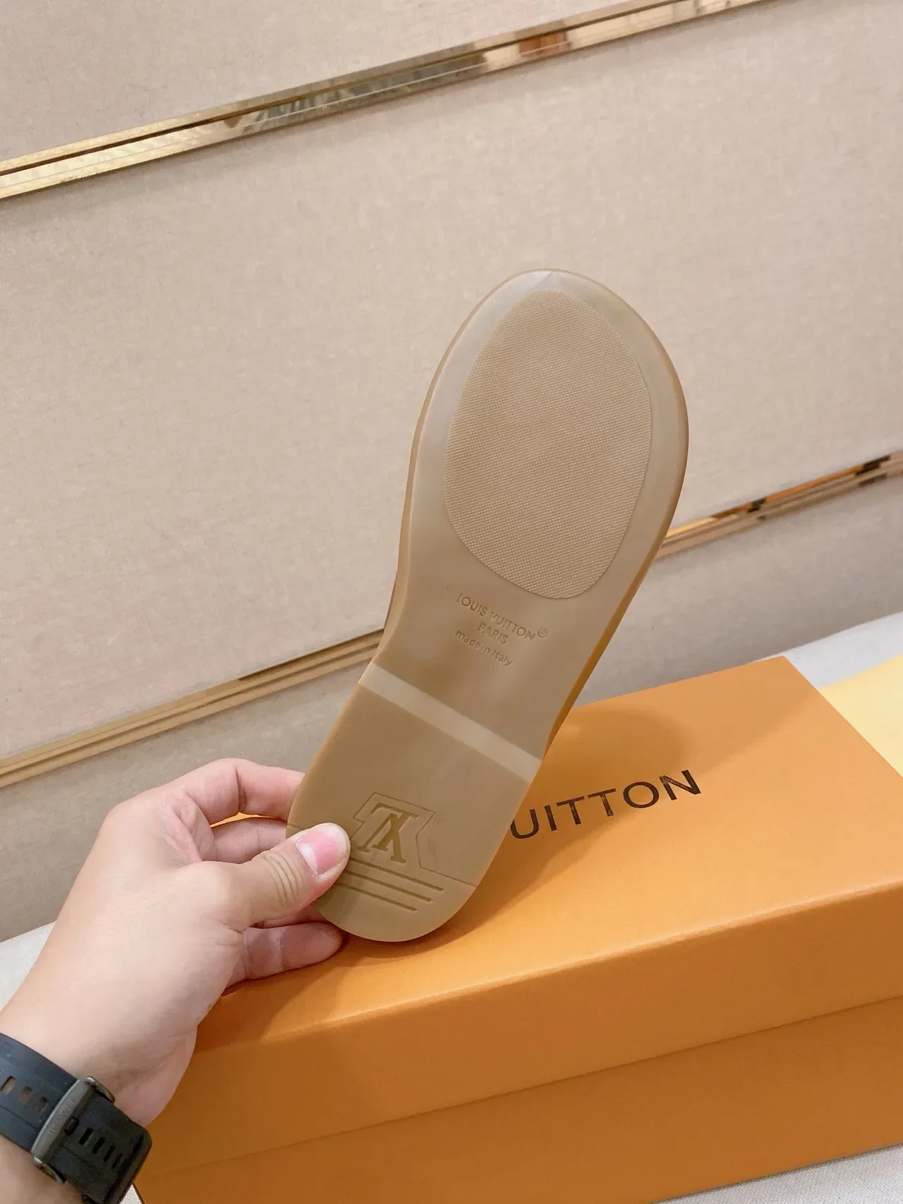 Louis Vuitton Slide Black Gold Monogrammed Strap Flat Rubber Sole Slippers 2