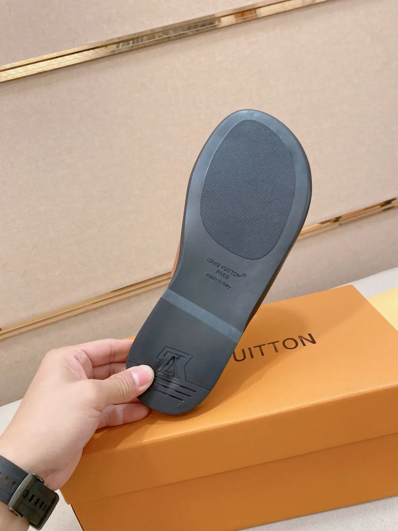 Louis Vuitton Slide Black Gold Monogrammed Strap Flat Rubber Sole Slippers 3