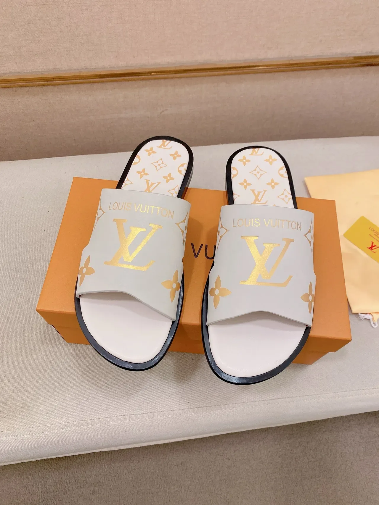 Louis Vuitton Slide Black Gold Monogrammed Strap Flat Rubber Sole Slippers 4