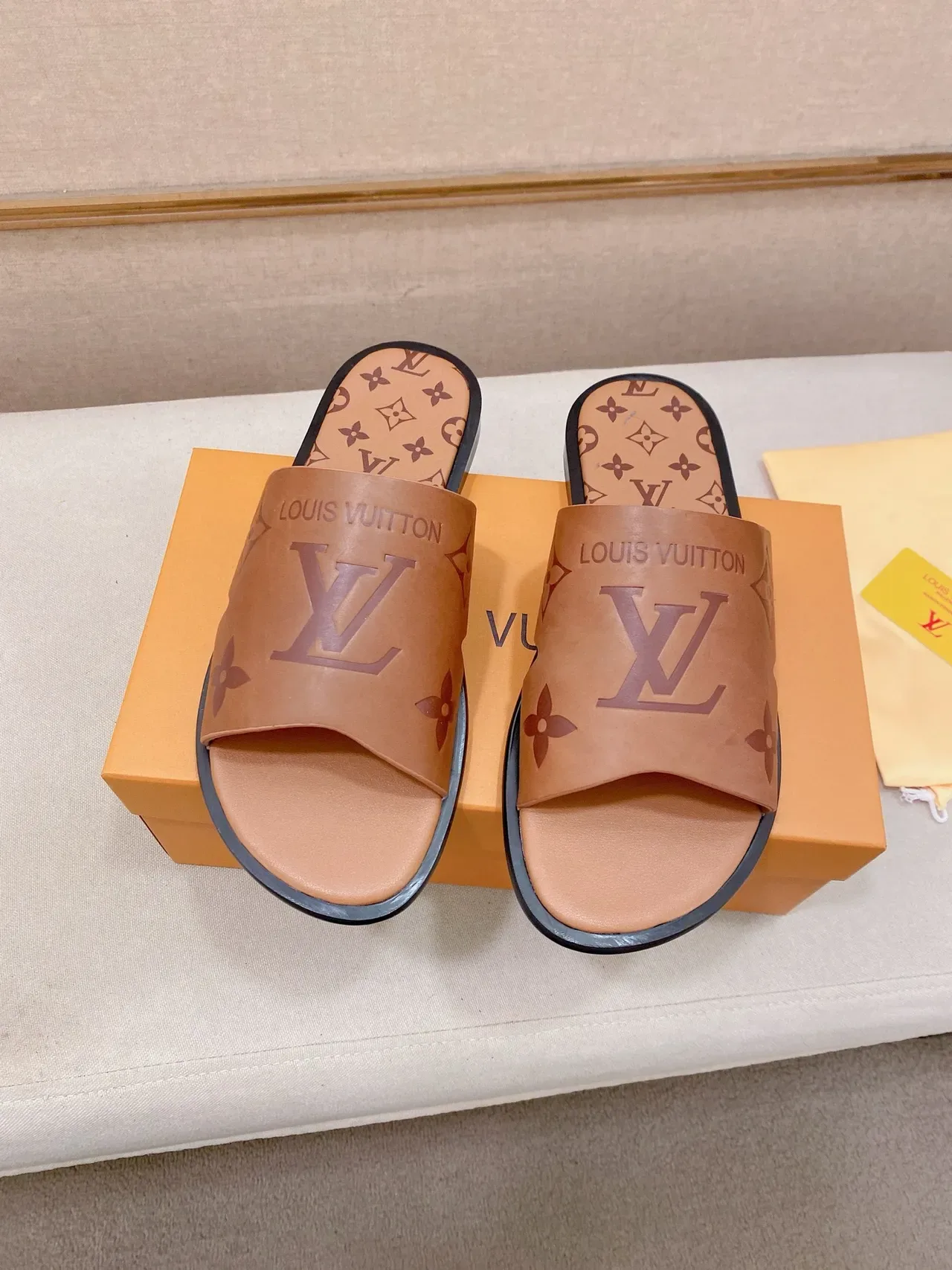 Louis Vuitton Slide Black Gold Monogrammed Strap Flat Rubber Sole Slippers 5