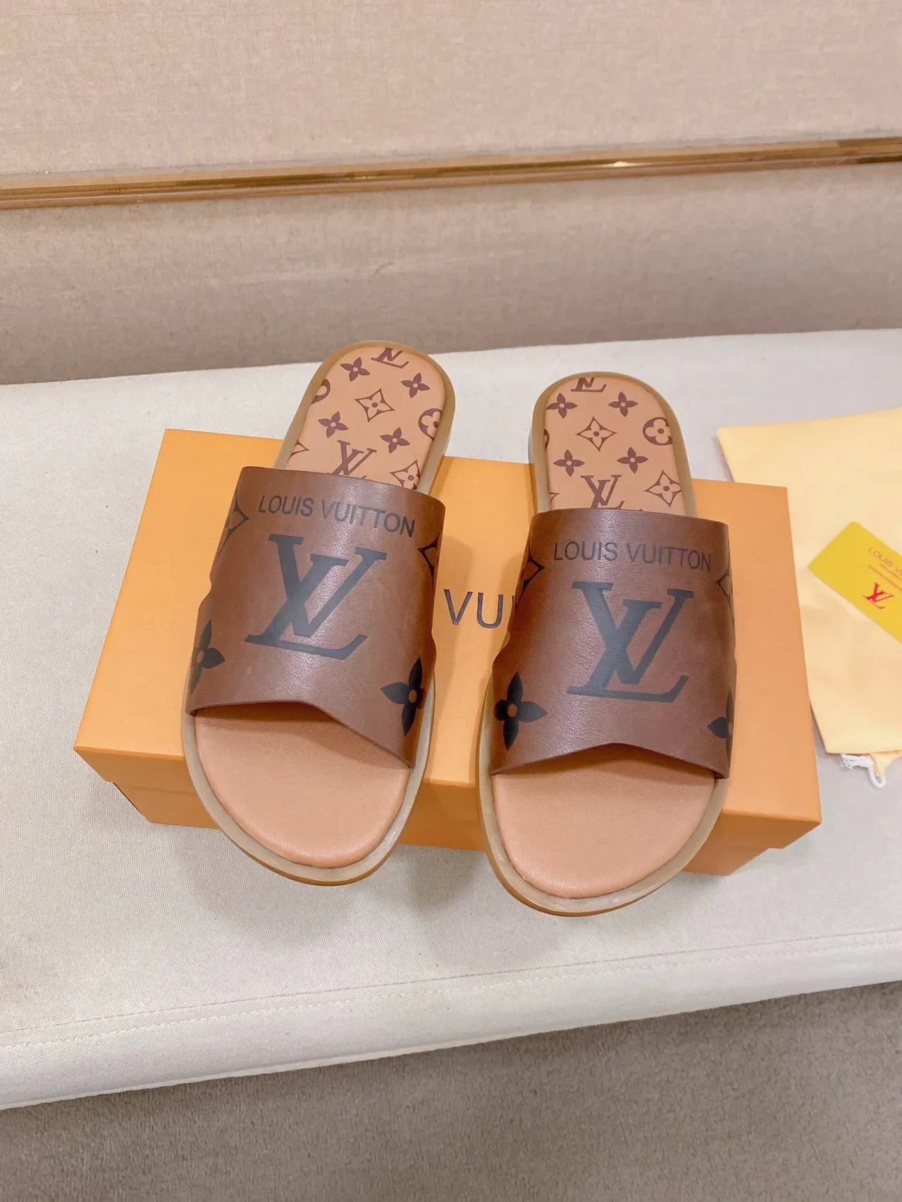Louis Vuitton Slide Black Gold Monogrammed Strap Flat Rubber Sole Slippers 6