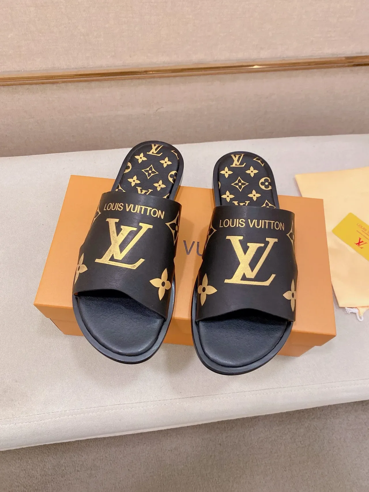 Louis Vuitton Slide Black Gold Monogrammed Strap Flat Rubber Sole Slippers 7
