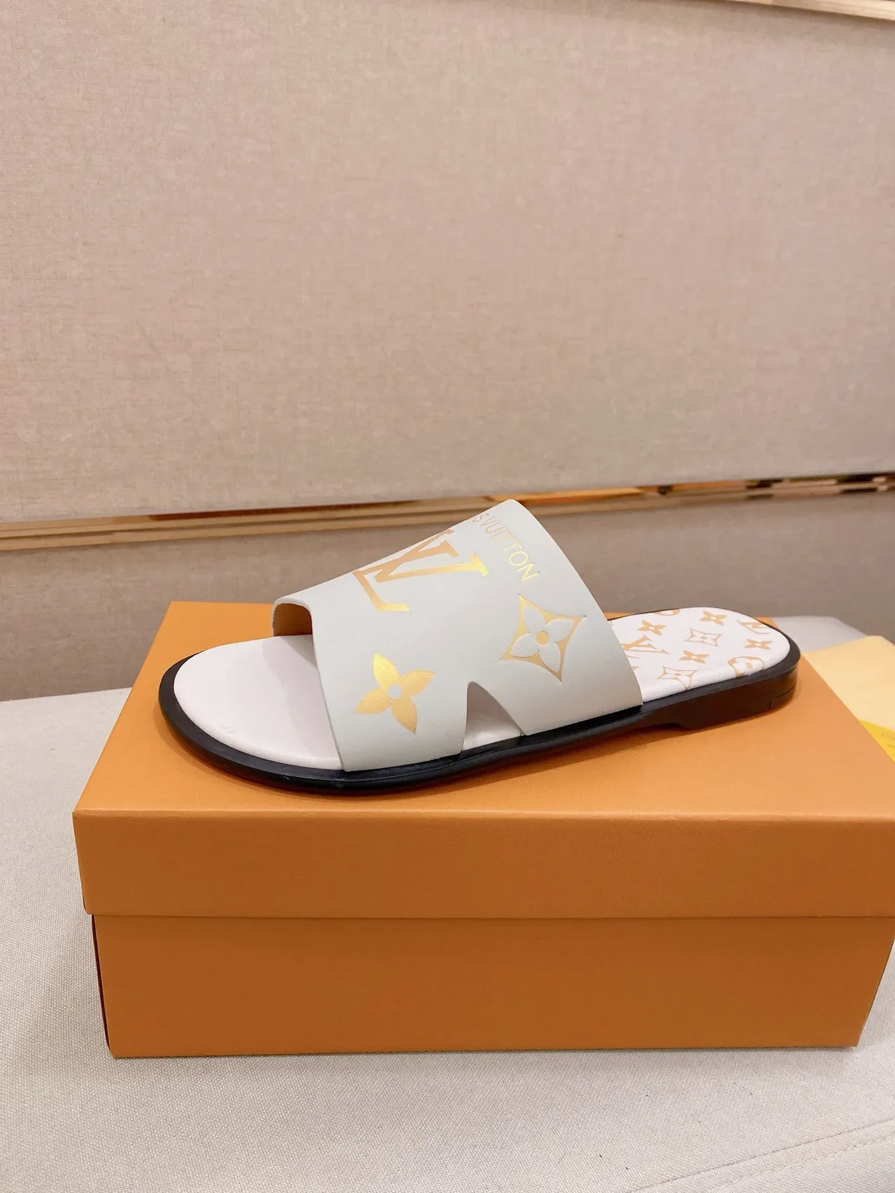 Louis Vuitton Slide Black Gold Monogrammed Strap Flat Rubber Sole Slippers 8