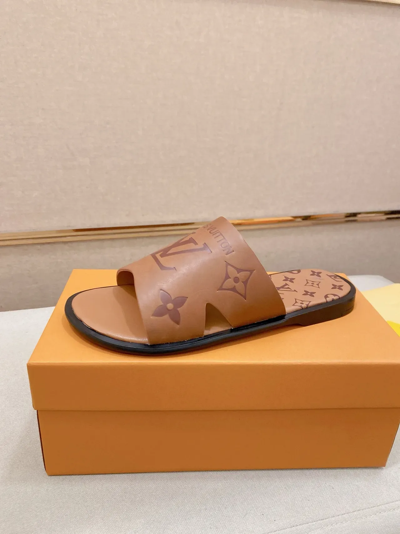 Louis Vuitton Slide Black Gold Monogrammed Strap Flat Rubber Sole Slippers 9