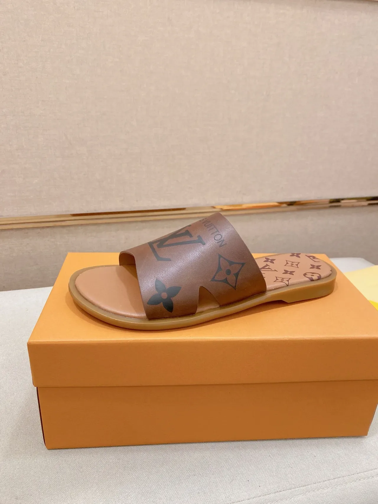 Louis Vuitton Slide Black Gold Monogrammed Strap Flat Rubber Sole Slippers 10