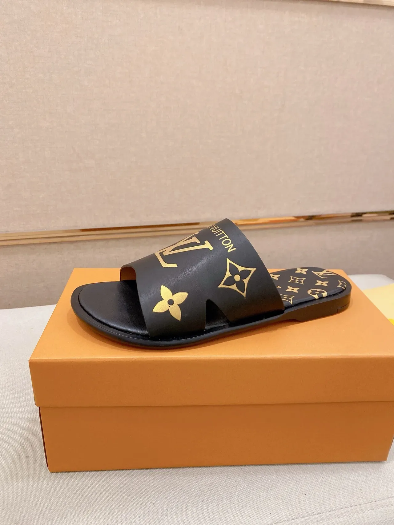 Louis Vuitton Slide Black Gold Monogrammed Strap Flat Rubber Sole Slippers 11