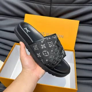 Louis Vuitton Slide Black White Monogrammed Fabric Strap Embossed Leather Panel Slippers