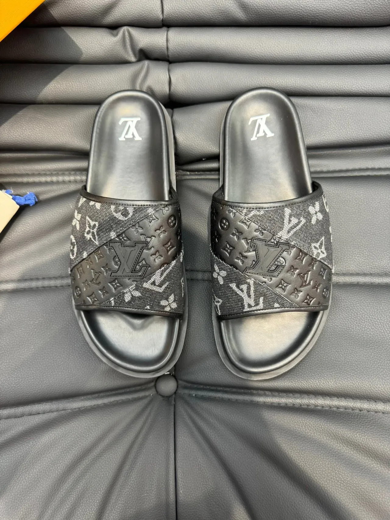 Louis Vuitton Slide Black White Monogrammed Fabric Strap Embossed Leather Panel Slippers 2