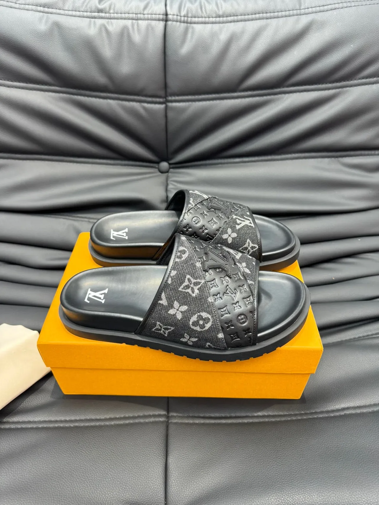 Louis Vuitton Slide Black White Monogrammed Fabric Strap Embossed Leather Panel Slippers 3