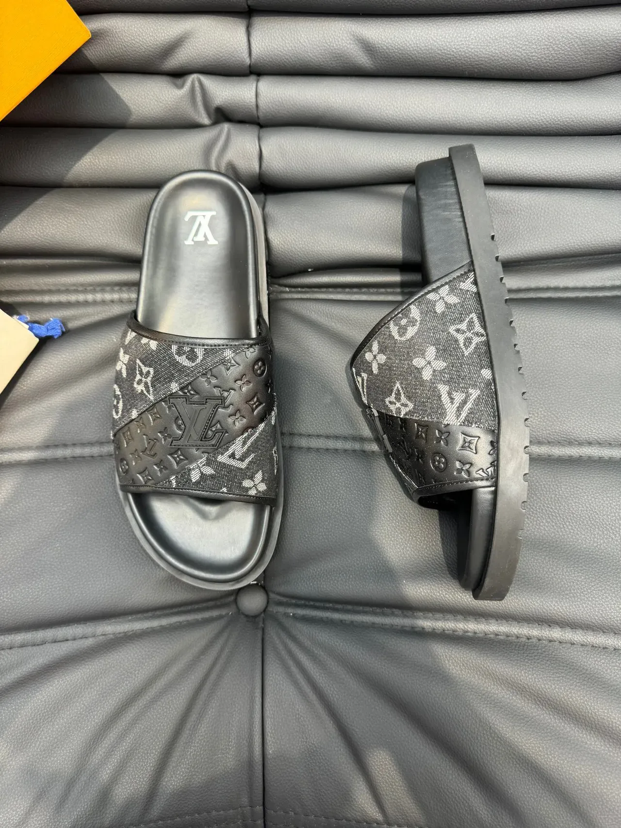 Louis Vuitton Slide Black White Monogrammed Fabric Strap Embossed Leather Panel Slippers 4