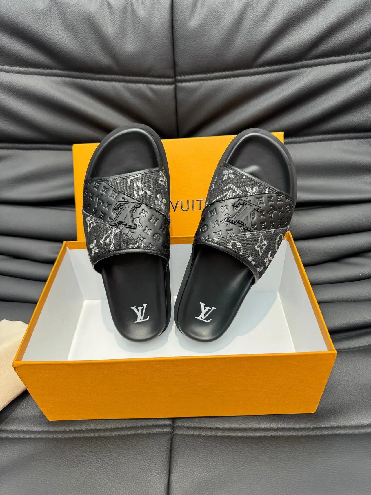 Louis Vuitton Slide Black White Monogrammed Fabric Strap Embossed Leather Panel Slippers 5