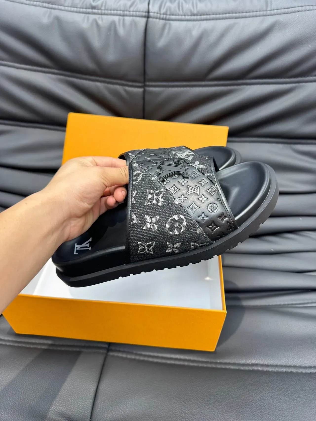Louis Vuitton Slide Black White Monogrammed Fabric Strap Embossed Leather Panel Slippers 6