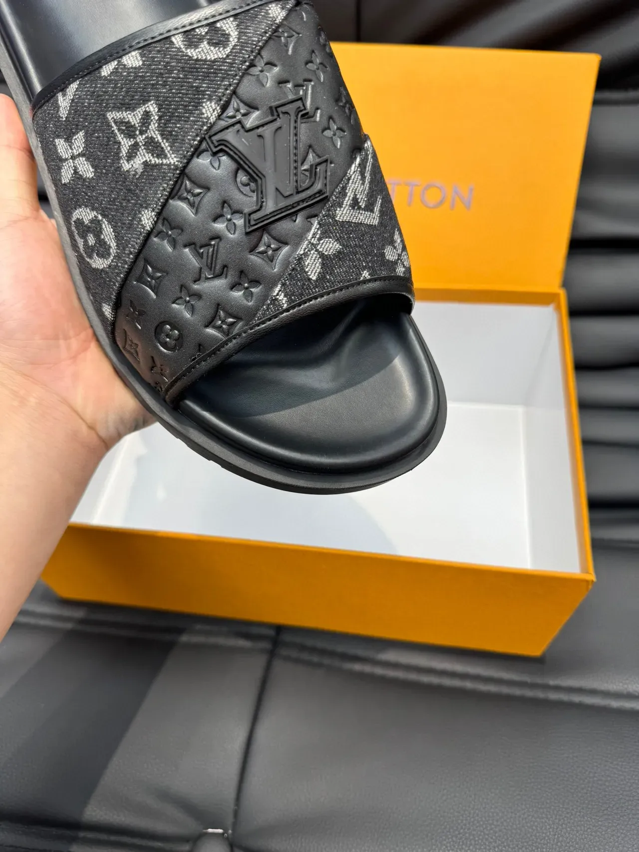 Louis Vuitton Slide Black White Monogrammed Fabric Strap Embossed Leather Panel Slippers 7