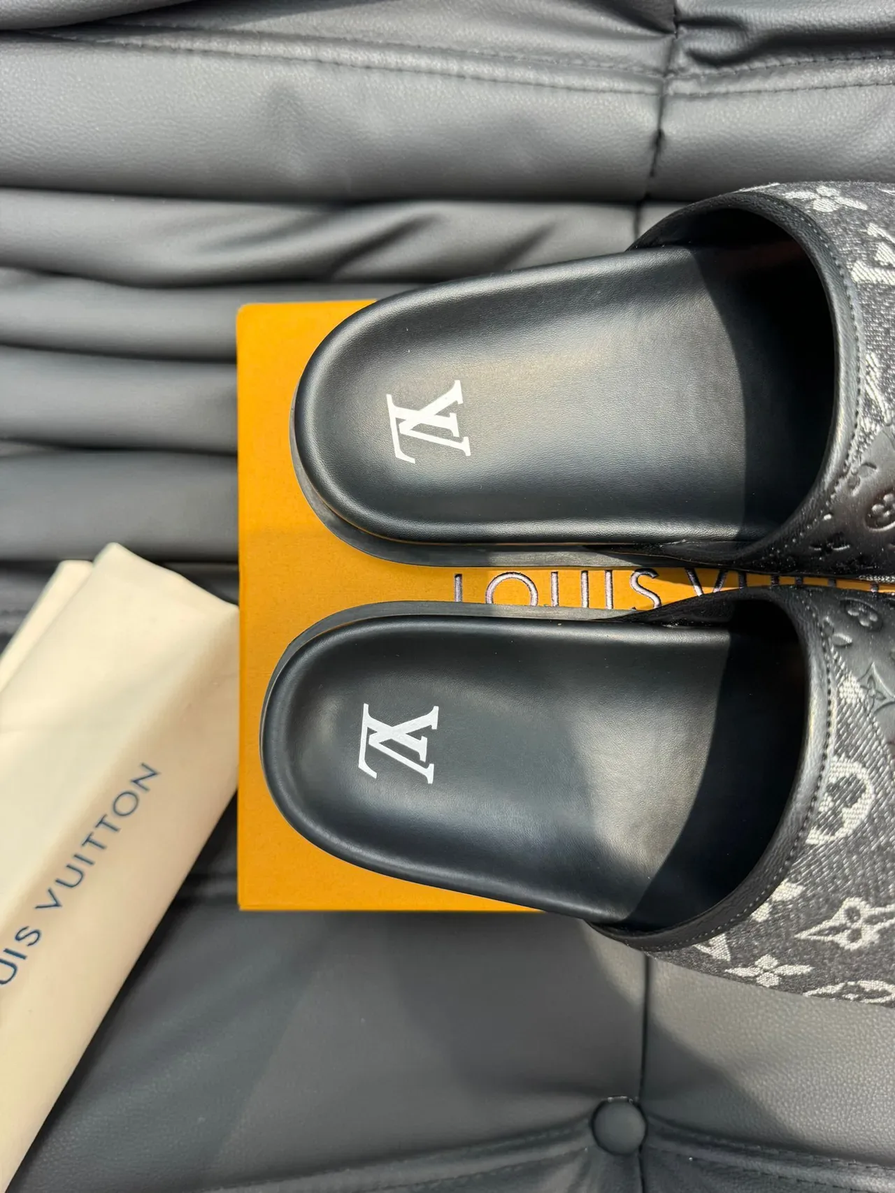 Louis Vuitton Slide Black White Monogrammed Fabric Strap Embossed Leather Panel Slippers 8