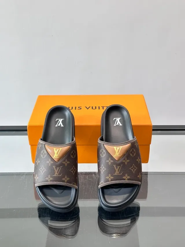 Louis Vuitton Slide Brown Black Monogram Canvas Molded Rubber Sole Slippers 4