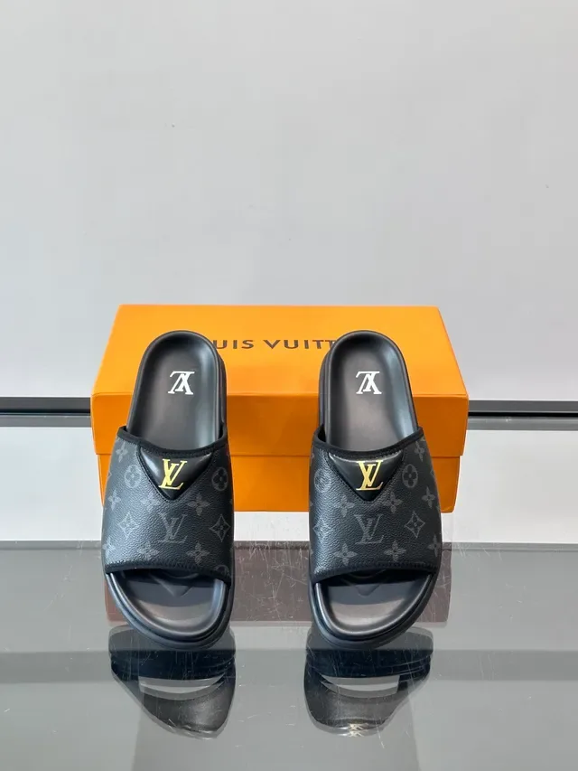 Louis Vuitton Slide Brown Black Monogram Canvas Molded Rubber Sole Slippers 6