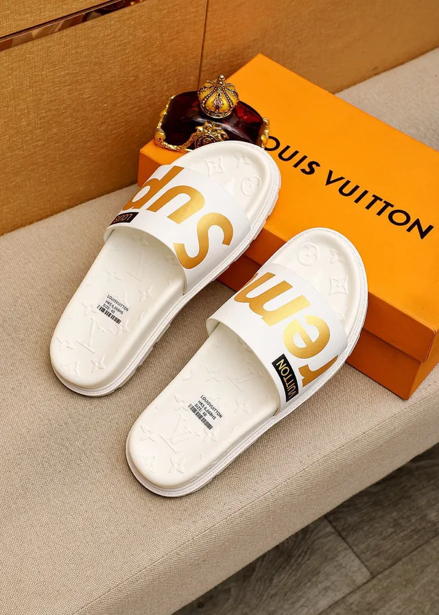 路易威登 Supreme 合作 白色金色 模具印花鞋底 滑行轮廓 拖鞋 5