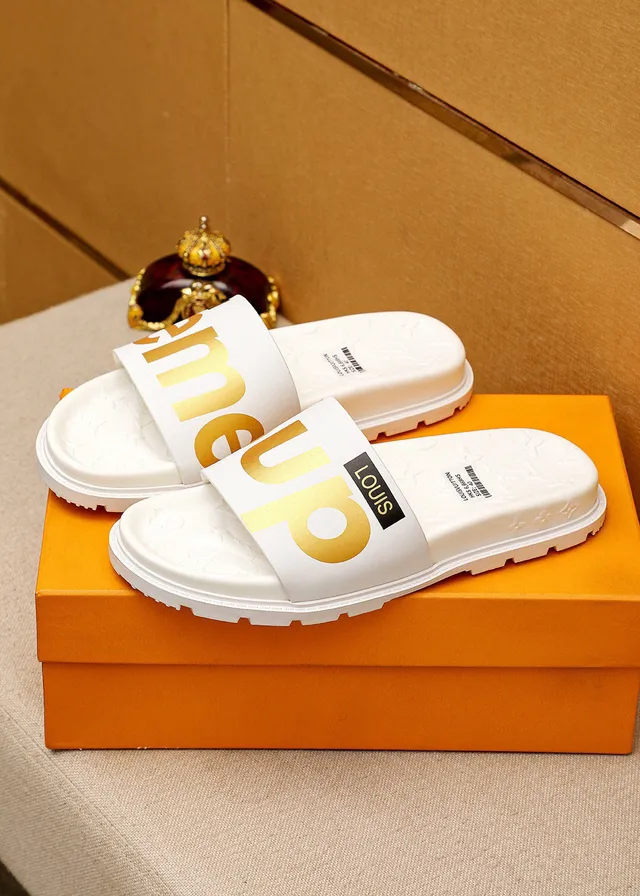 路易威登 Supreme 合作 白色金色 模具印花鞋底 滑行轮廓 拖鞋 6