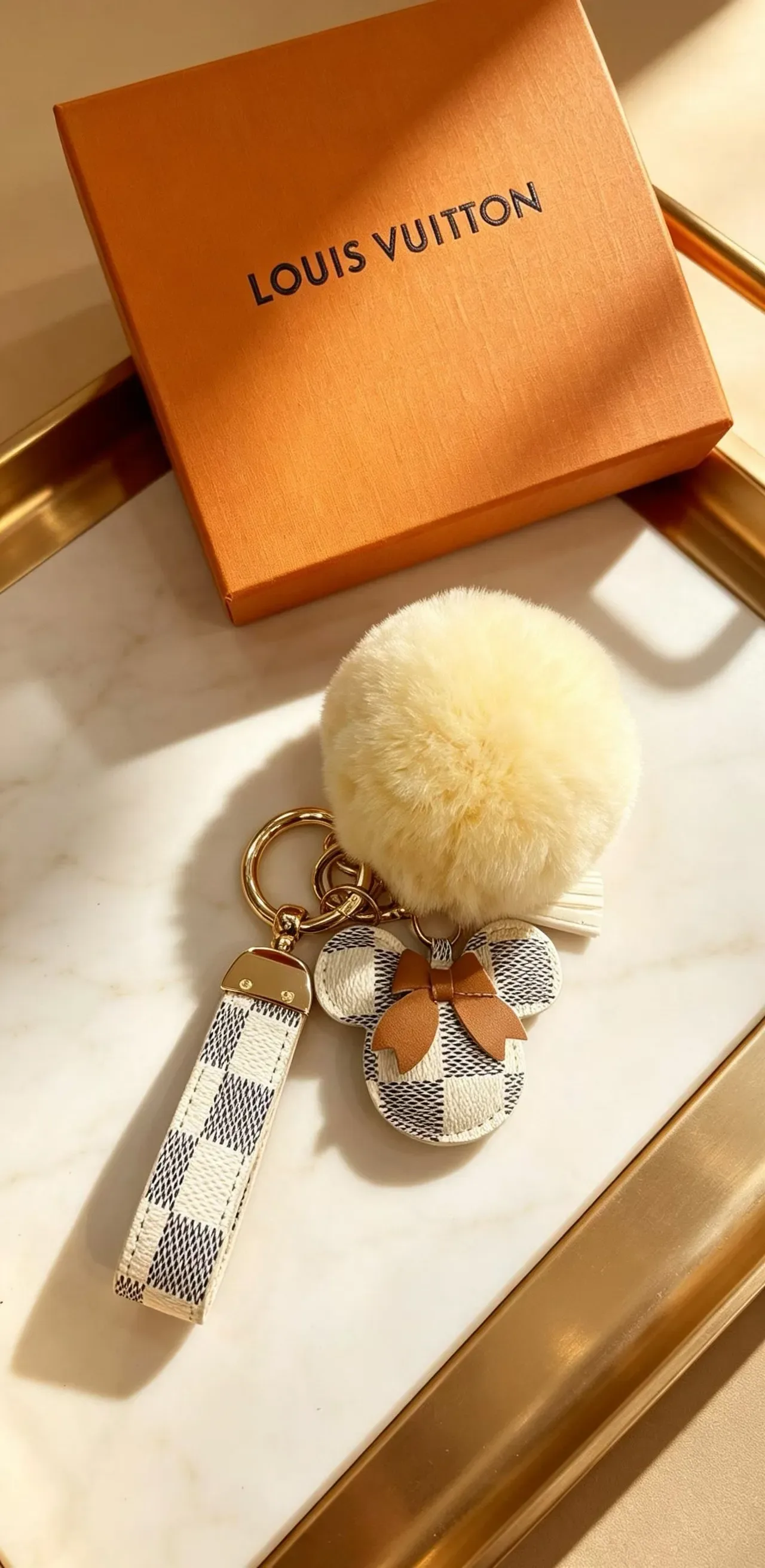 Louis Vuitton Teddy Bear Beige Black Damier Check Leather Pom-Pom Accent Phone Accessory 2