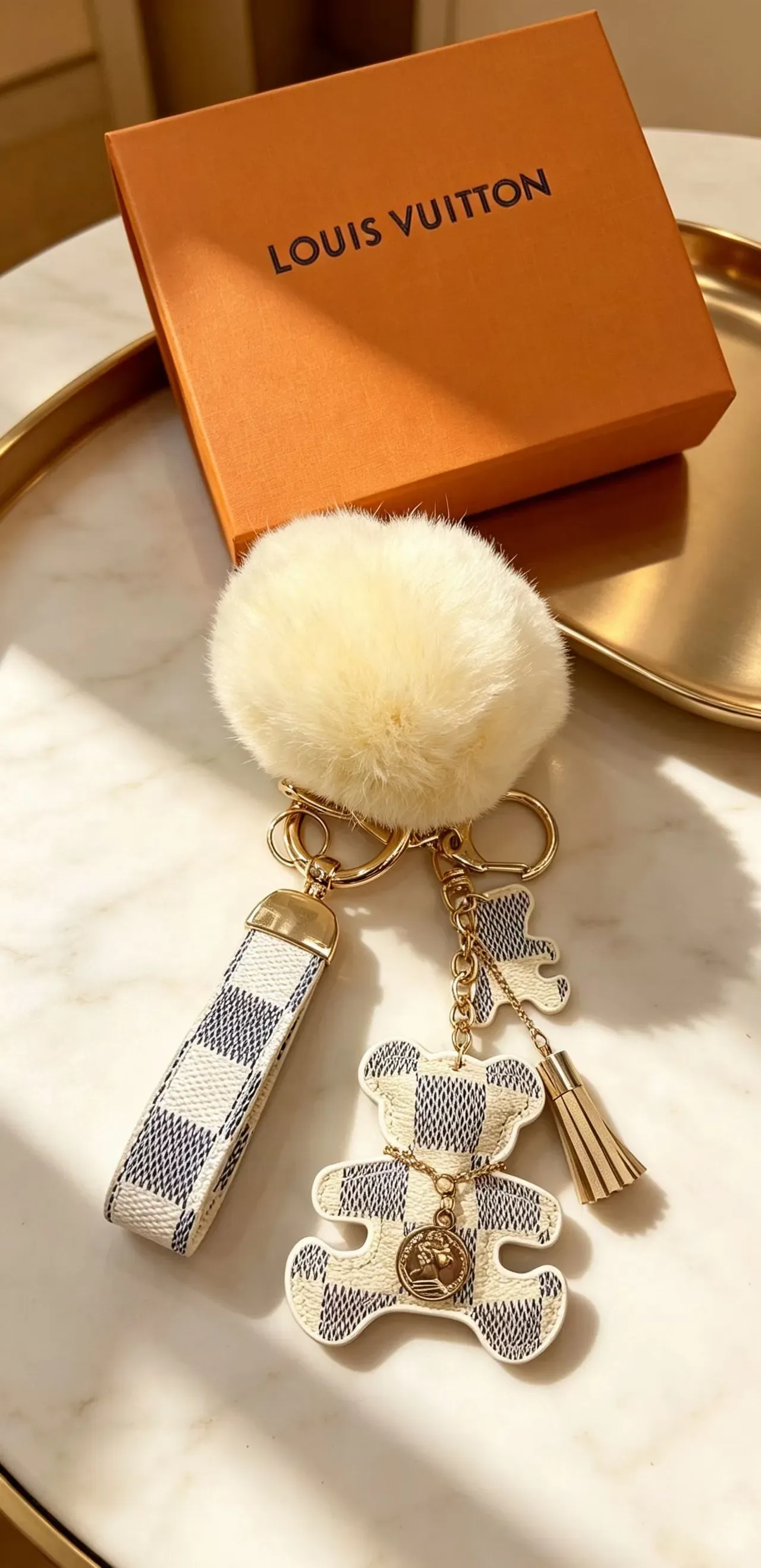Louis Vuitton Teddy Bear Beige Black Damier Check Leather Pom-Pom Accent Phone Accessory 3