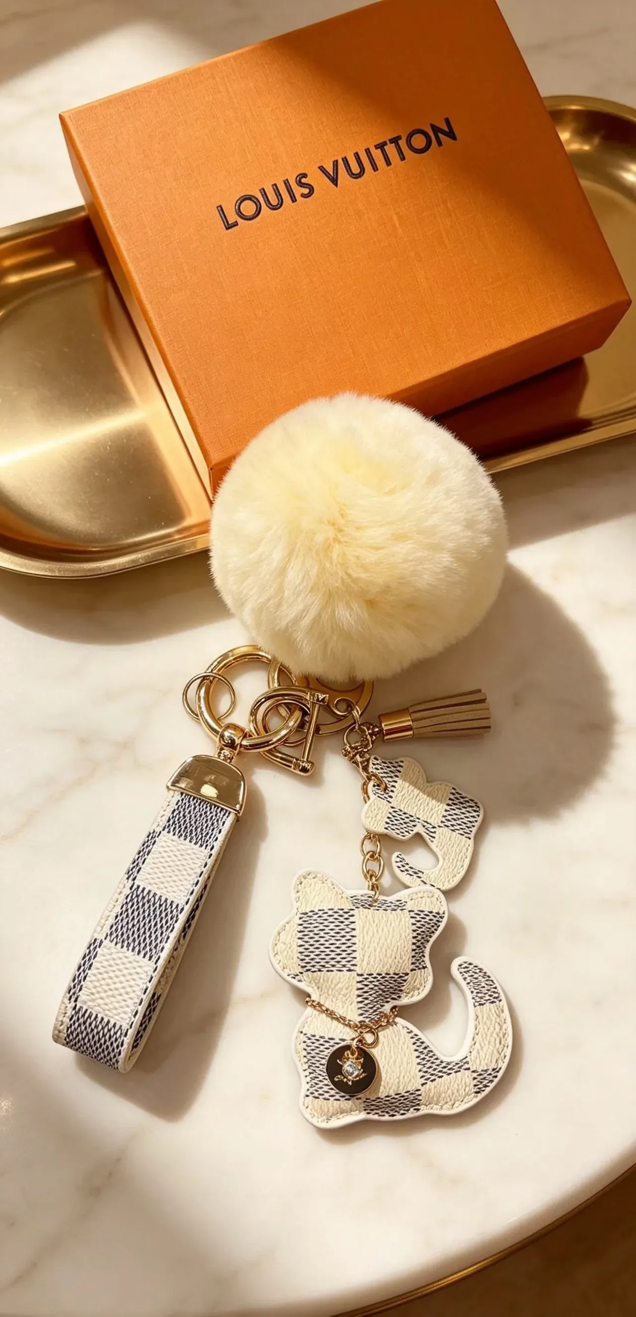 Louis Vuitton Teddy Bear Beige Black Damier Check Leather Pom-Pom Accent Phone Accessory 5