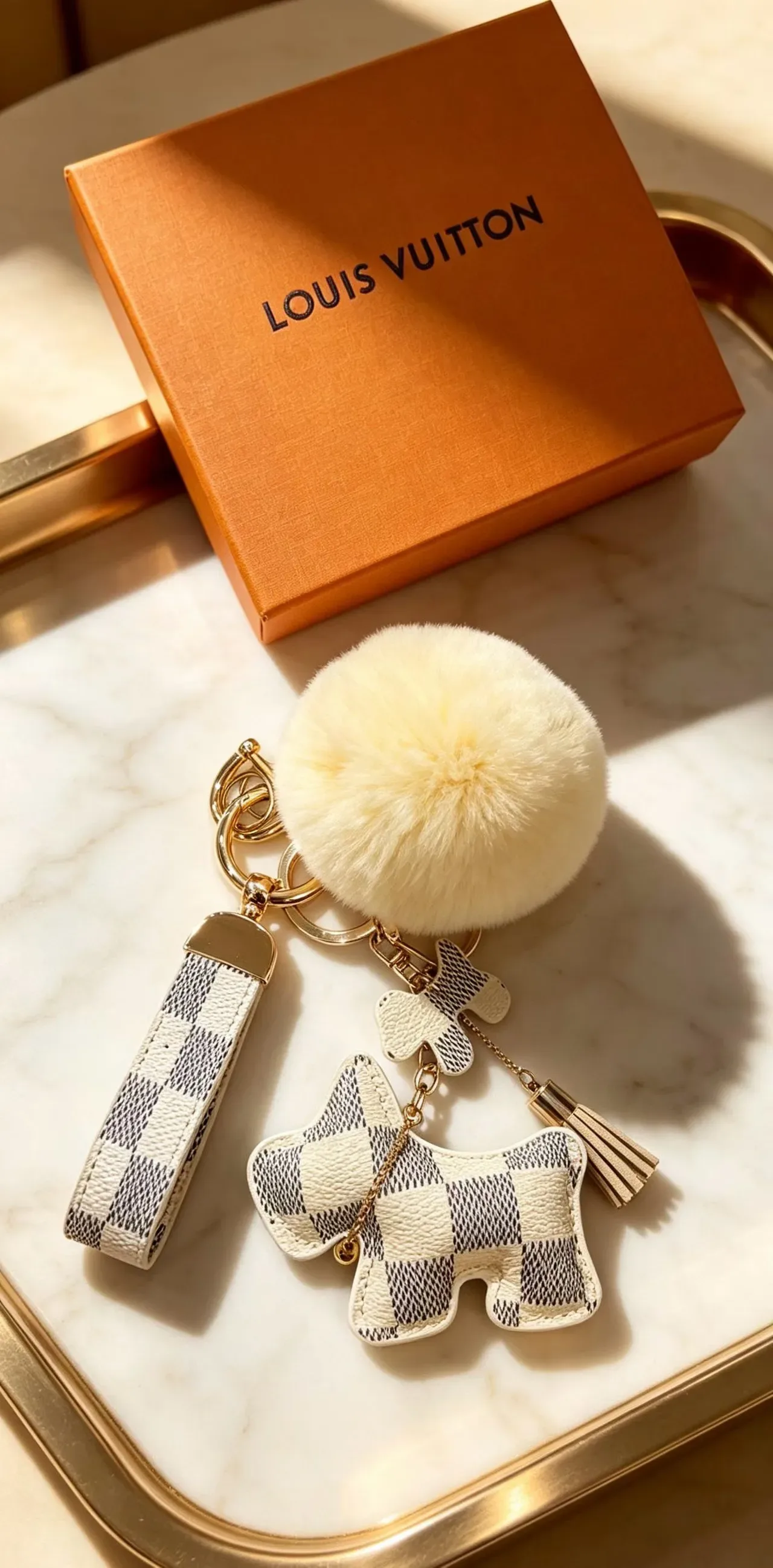 Louis Vuitton Teddy Bear Beige Black Damier Check Leather Pom-Pom Accent Phone Accessory 6