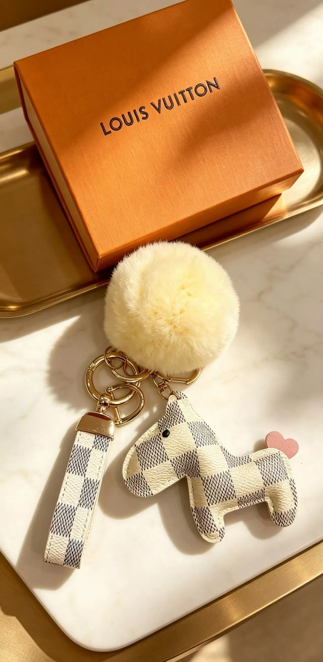 Louis Vuitton Teddy Bear Beige Black Damier Check Leather Pom-Pom Accent Phone Accessory 7