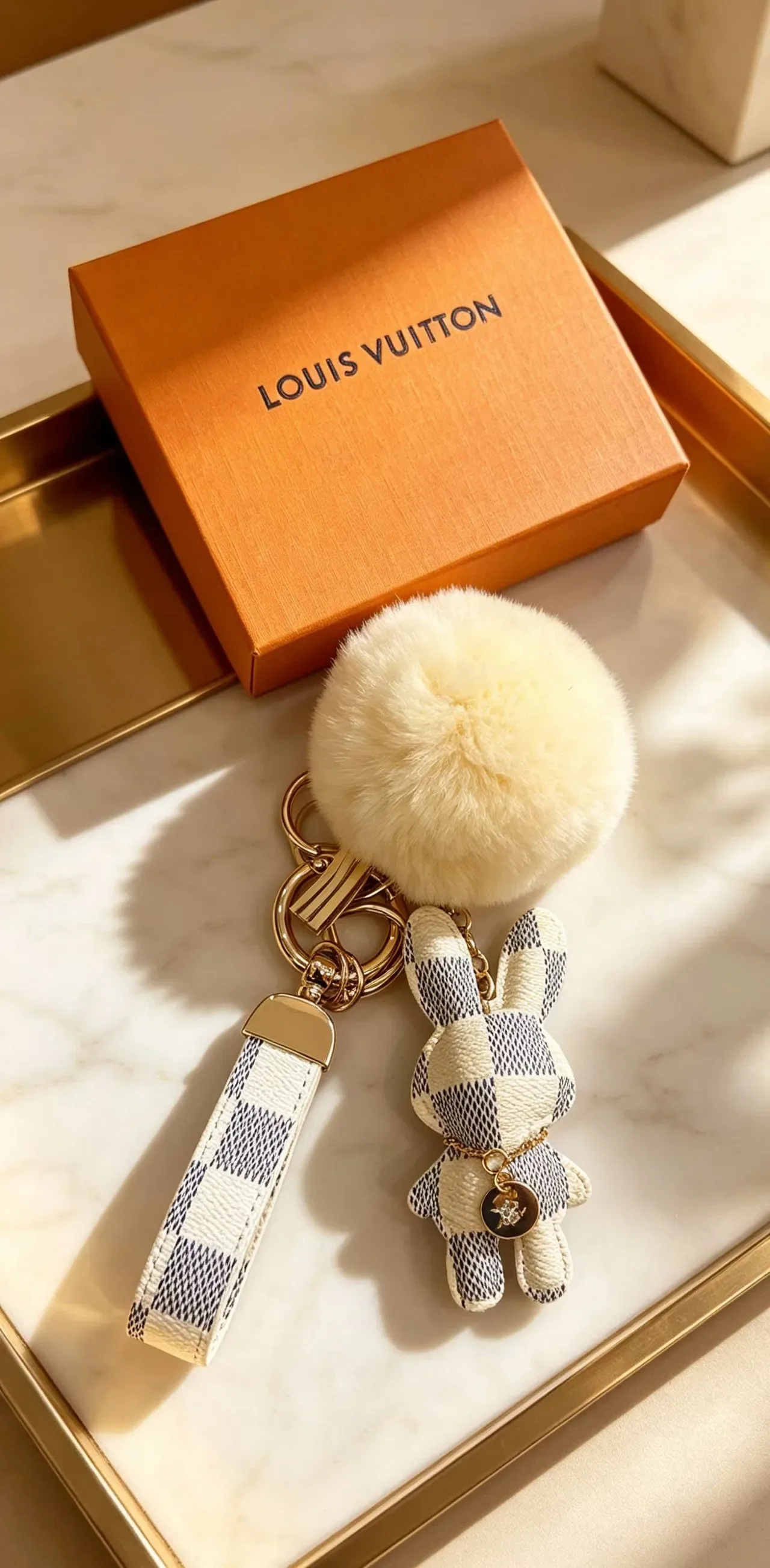 Louis Vuitton Teddy Bear Beige Black Damier Check Leather Pom-Pom Accent Phone Accessory 8
