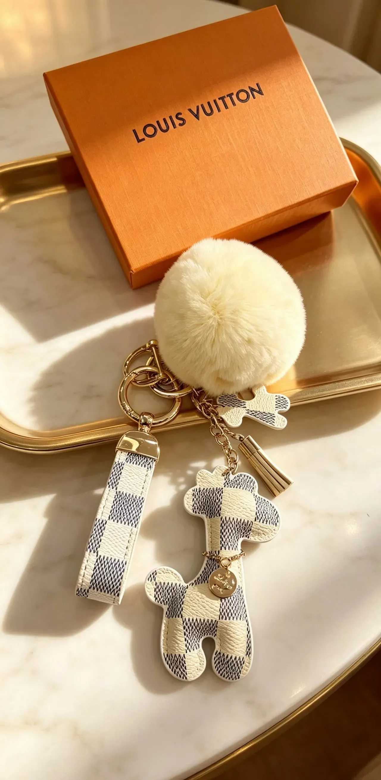 Louis Vuitton Teddy Bear Beige Black Damier Check Leather Pom-Pom Accent Phone Accessory 9