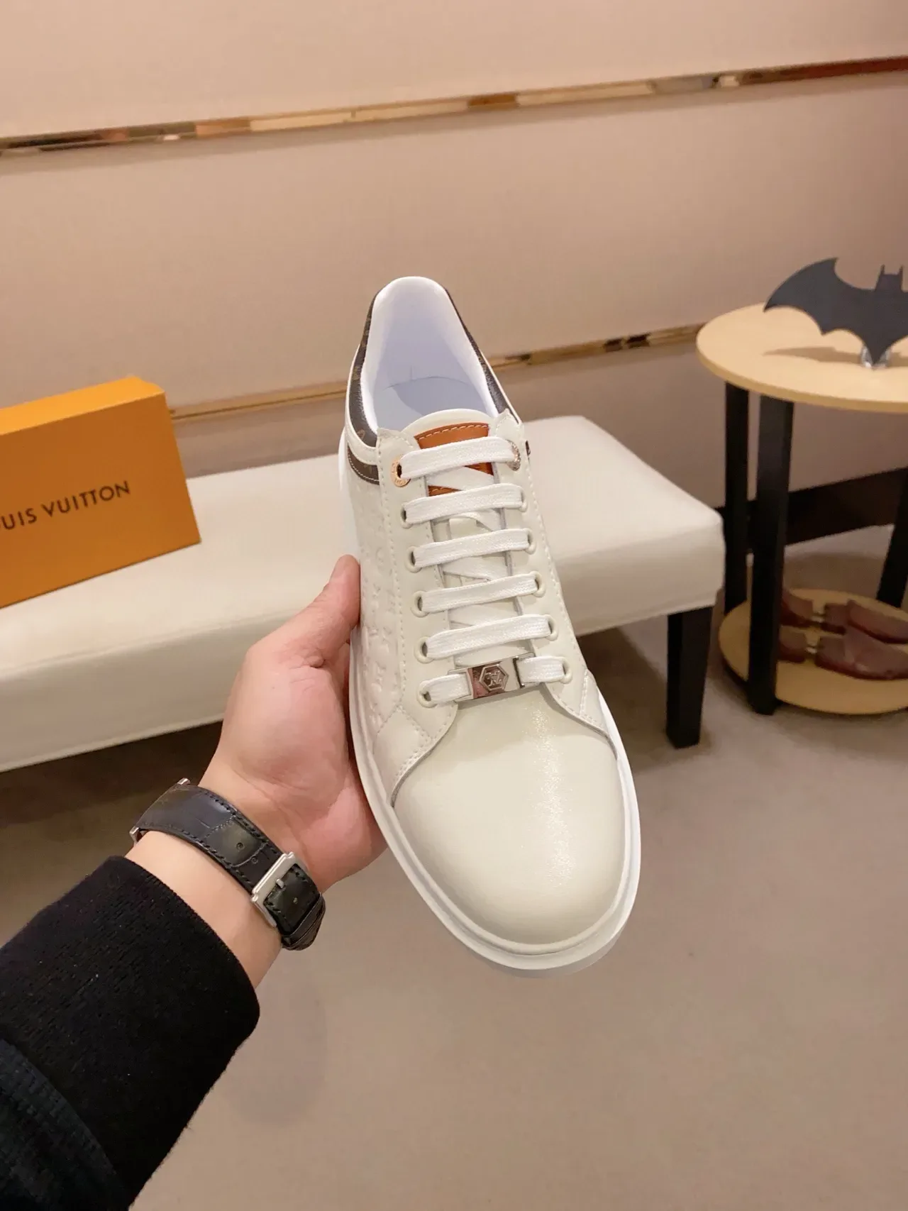 Louis Vuitton White Brown Monogram-Embossed Leather Low-Top Lace-Up Lifestyle Sneakers 2