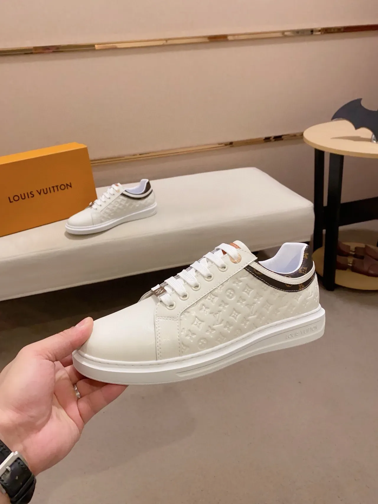 Louis Vuitton White Brown Monogram-Embossed Leather Low-Top Lace-Up Lifestyle Sneakers 3