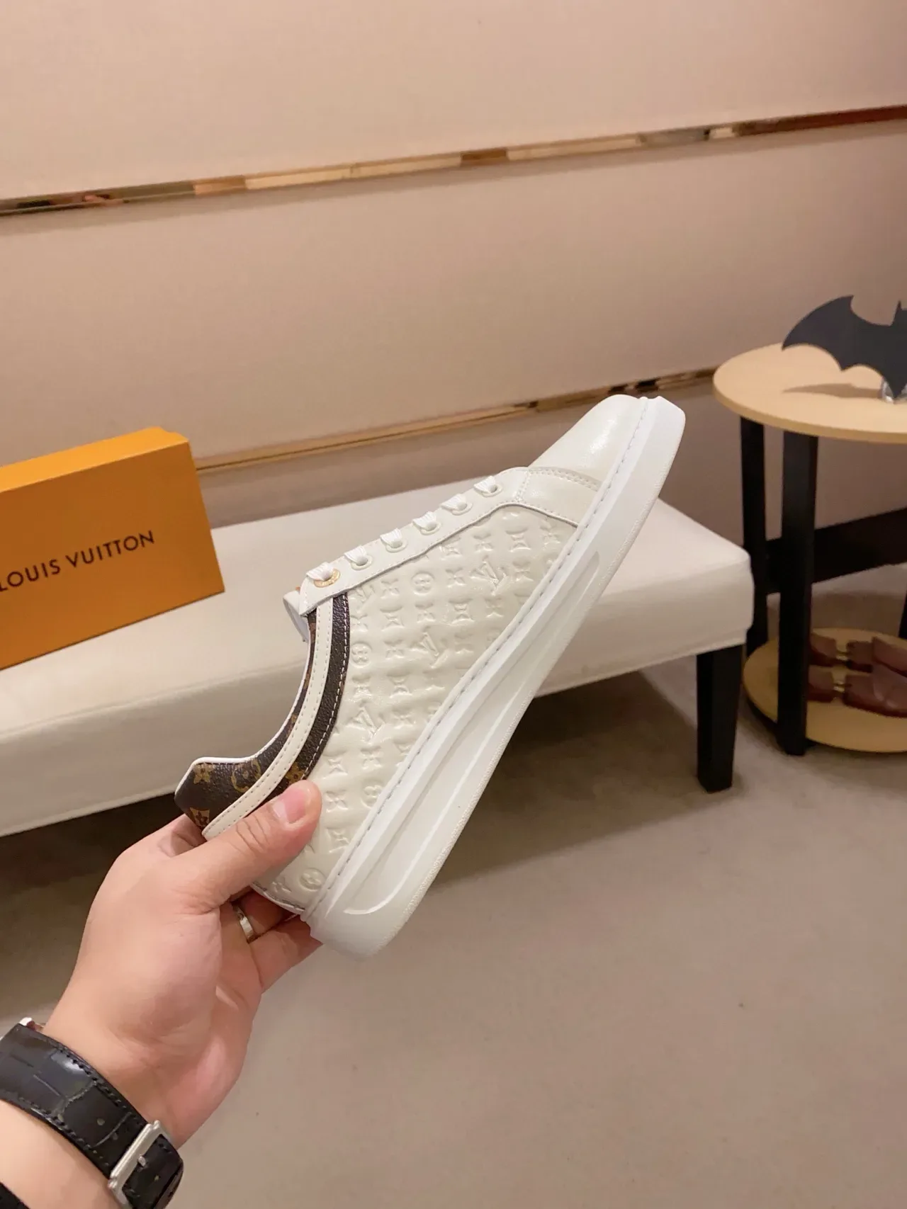 Louis Vuitton White Brown Monogram-Embossed Leather Low-Top Lace-Up Lifestyle Sneakers 5