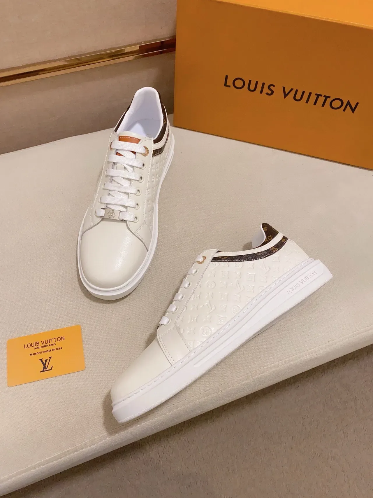 Louis Vuitton White Brown Monogram-Embossed Leather Low-Top Lace-Up Lifestyle Sneakers 7