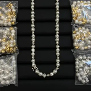 Louis Vuitton White Gold Pearl Strand LV Monogram Charm Necklace