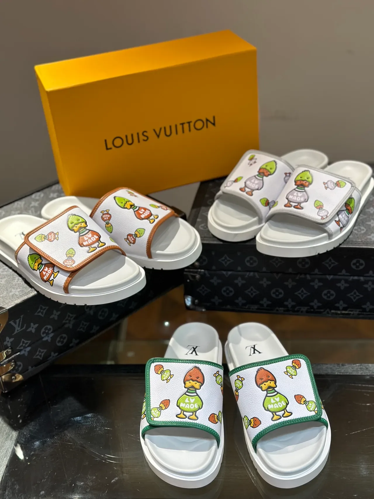 Louis Vuitton White Multicolor Cartoon Duck Print Thick Platform Sole Slippers 1