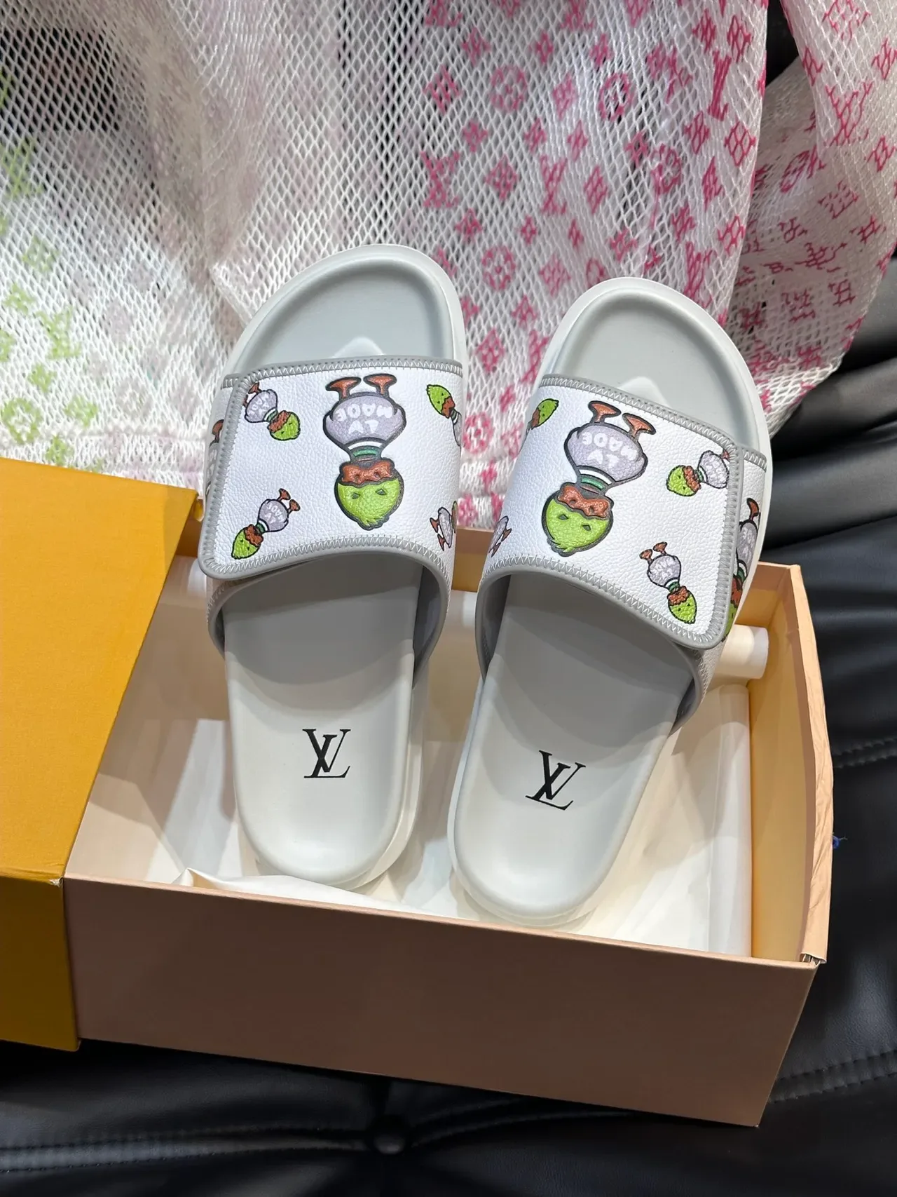 Louis Vuitton White Multicolor Cartoon Duck Print Thick Platform Sole Slippers 4