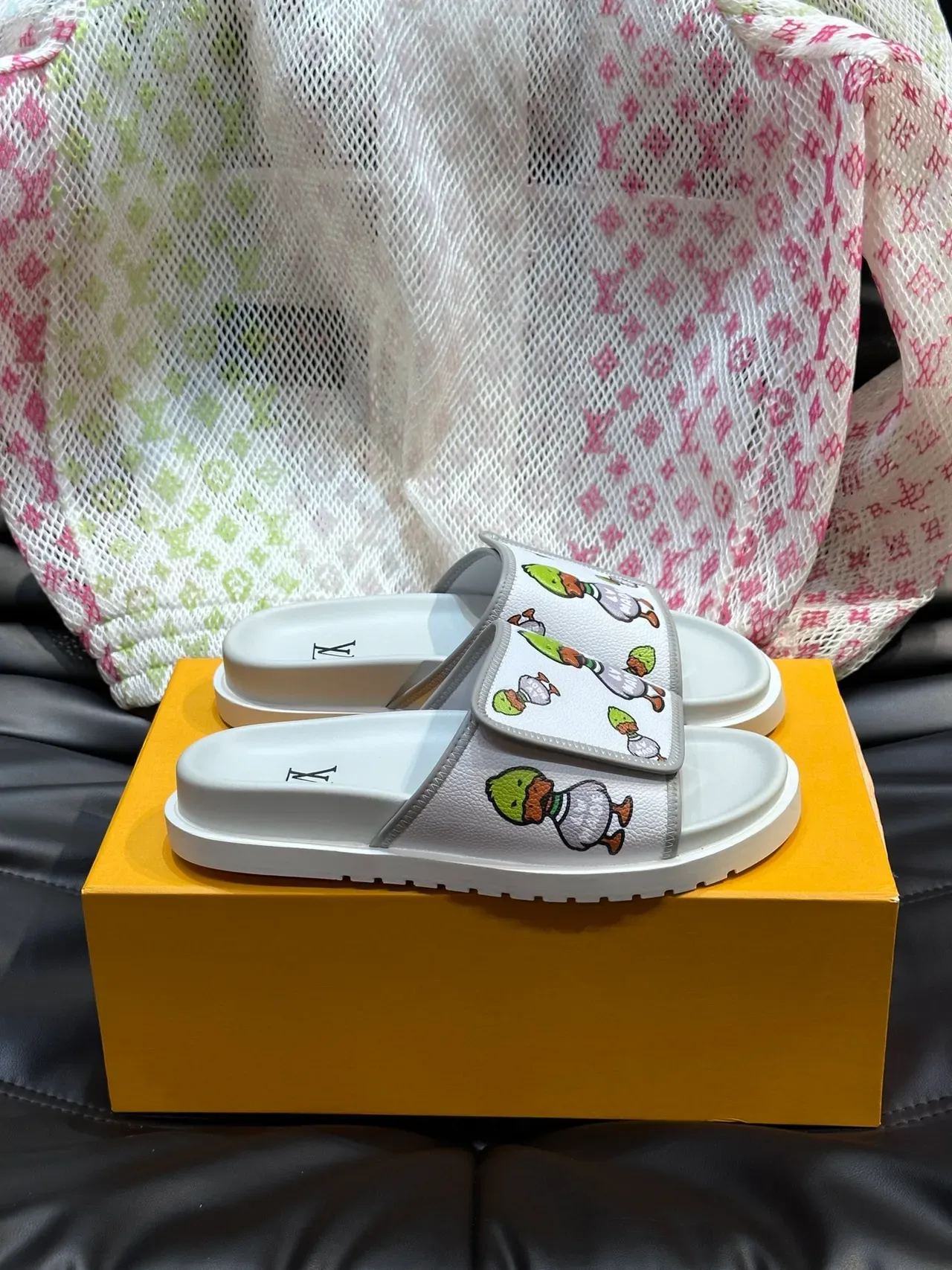 Louis Vuitton White Multicolor Cartoon Duck Print Thick Platform Sole Slippers 7