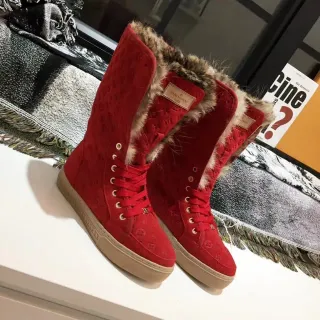 Louis Vuitton Winter Boots Red Beige Monogrammed Suede Fur-Trimmed Collar Knee Boots