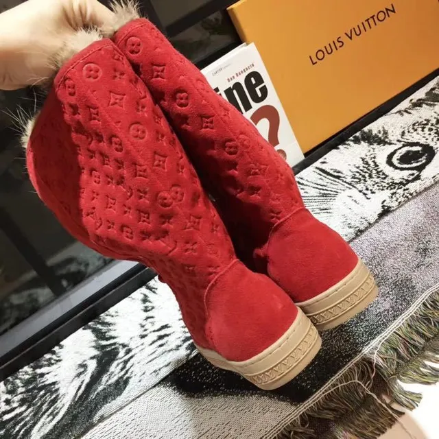 Bottes d'hiver Louis Vuitton rouge beige monogrammé daim col fourré fourrure bottes mi-mollet 4