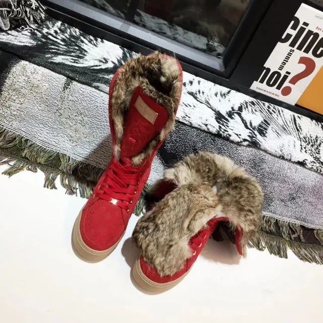 Bottes d'hiver Louis Vuitton rouge beige monogrammé daim col fourré fourrure bottes mi-mollet 5